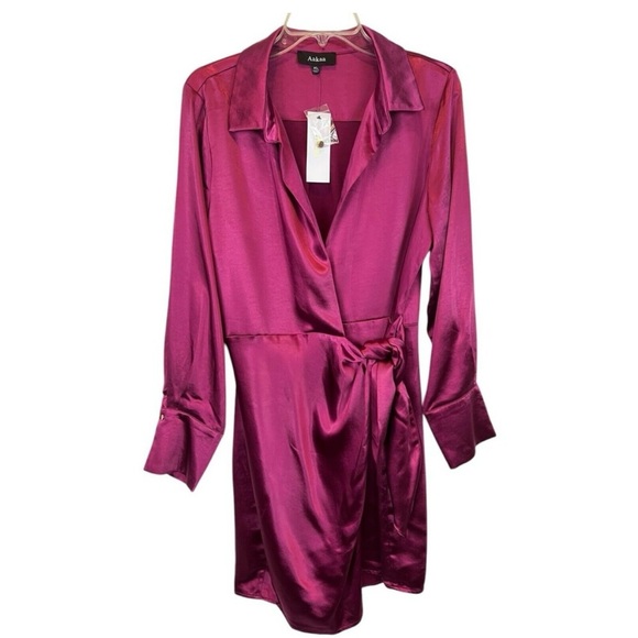 Aakaa- Elegant Fusia Tie Wrap Cocktail Mini Dress - Picture 6 of 7